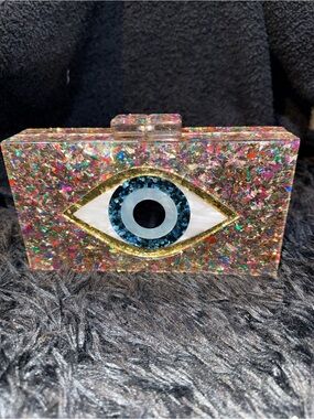 Glitter Gold Evil Eye Acrylic Clutch in Multicolor
